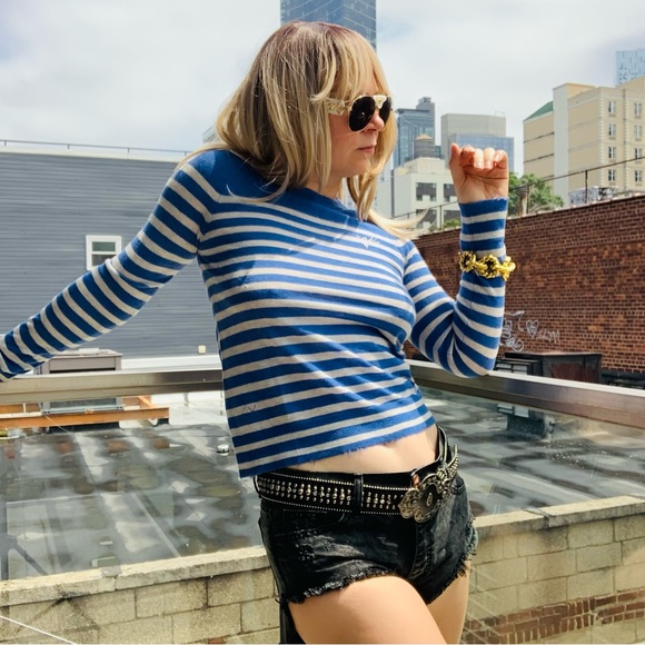 Zadig & Voltaire 100% Cashmere Striped Marina Distressed Tee Shirt Sweater Navy - Picture 16 of 16